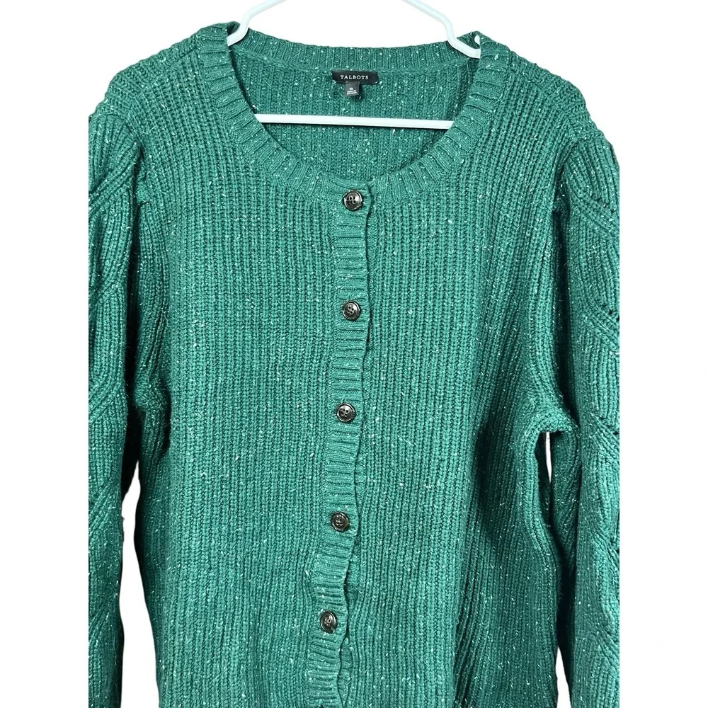 Talbots XL Green Tweed‎ Puff Sleeve Cable Knit Button Cardigan Speckled Sweater - Picture 3 of 10